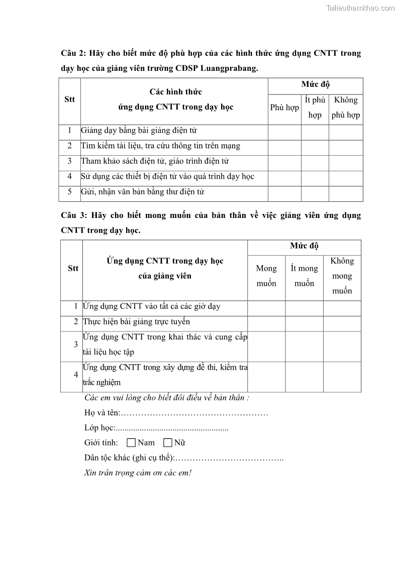 Luận văn thạc sĩ khoa học giáo dục Quản lí ứng dụng công nghệ thông tin trong dạy học ở trường Cao đẳng Sư phạm Luangprabang, thành phố Luangprabang, tỉnh Luangprabang, nước Cộng hòa dân chủ nhân dân Lào - 10 Trang 111