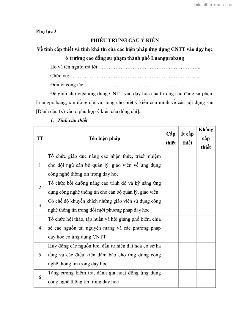 Luận văn thạc sĩ khoa học giáo dục Quản lí ứng dụng công nghệ thông tin trong dạy học ở trường Cao đẳng Sư phạm Luangprabang, thành phố Luangprabang, tỉnh Luangprabang, nước Cộng hòa dân chủ nhân dân Lào - 10 Trang 112