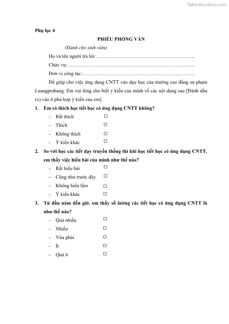 Luận văn thạc sĩ khoa học giáo dục Quản lí ứng dụng công nghệ thông tin trong dạy học ở trường Cao đẳng Sư phạm Luangprabang, thành phố Luangprabang, tỉnh Luangprabang, nước Cộng hòa dân chủ nhân dân Lào - 10 Trang 114