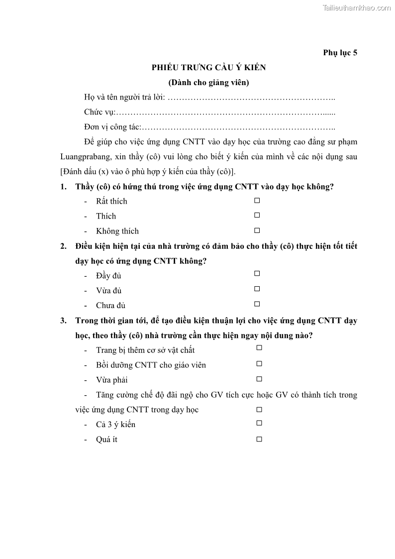 Luận văn thạc sĩ khoa học giáo dục Quản lí ứng dụng công nghệ thông tin trong dạy học ở trường Cao đẳng Sư phạm Luangprabang, thành phố Luangprabang, tỉnh Luangprabang, nước Cộng hòa dân chủ nhân dân Lào - 10 Trang 115