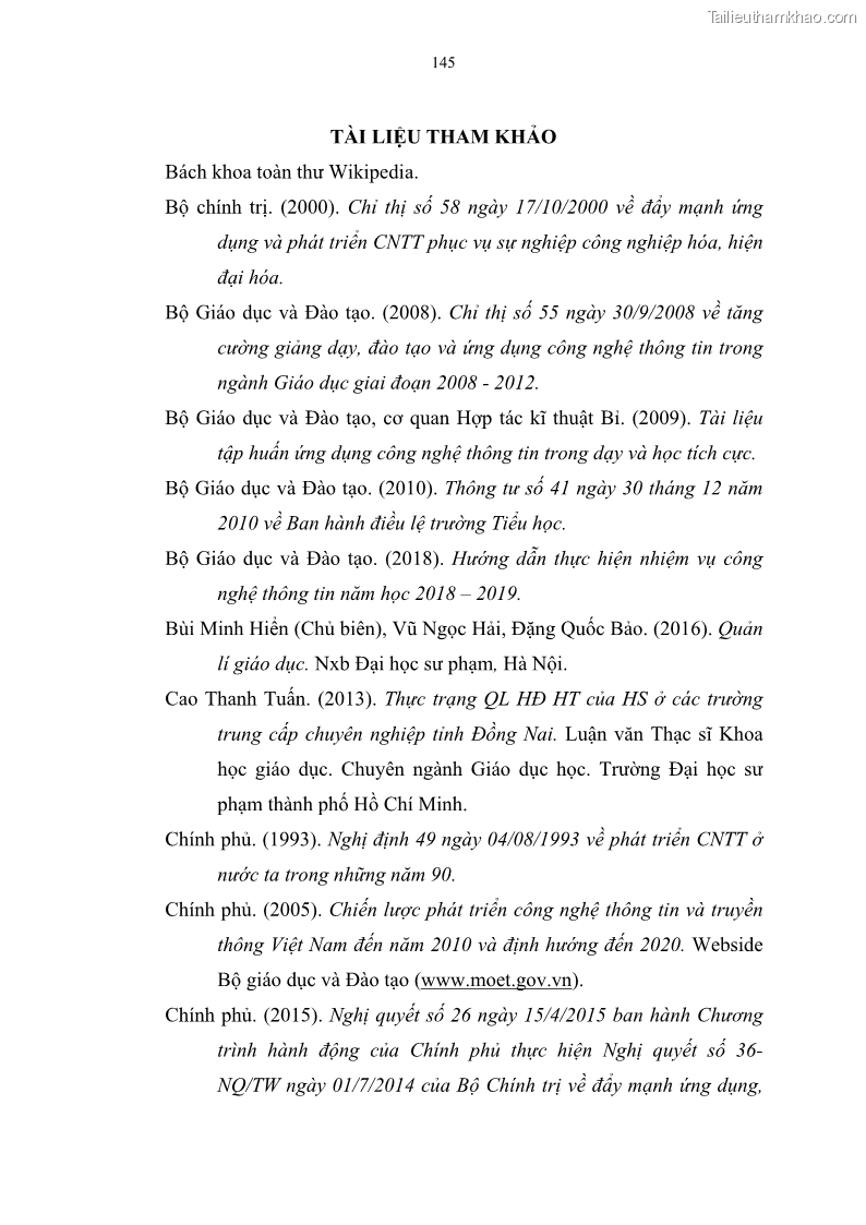 Luận văn thạc sĩ khoa học giáo dục Quản lí ứng dụng công nghệ thông tin trong học tập của học sinh ở các trường tiểu học huyện Bình Chánh thành phố Hồ Chí Minh - 13 Trang 156