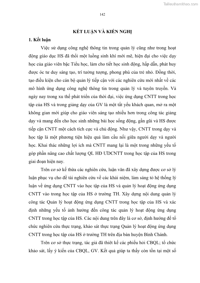 Luận văn thạc sĩ khoa học giáo dục Quản lí ứng dụng công nghệ thông tin trong học tập của học sinh ở các trường tiểu học huyện Bình Chánh thành phố Hồ Chí Minh - 13 Trang 153