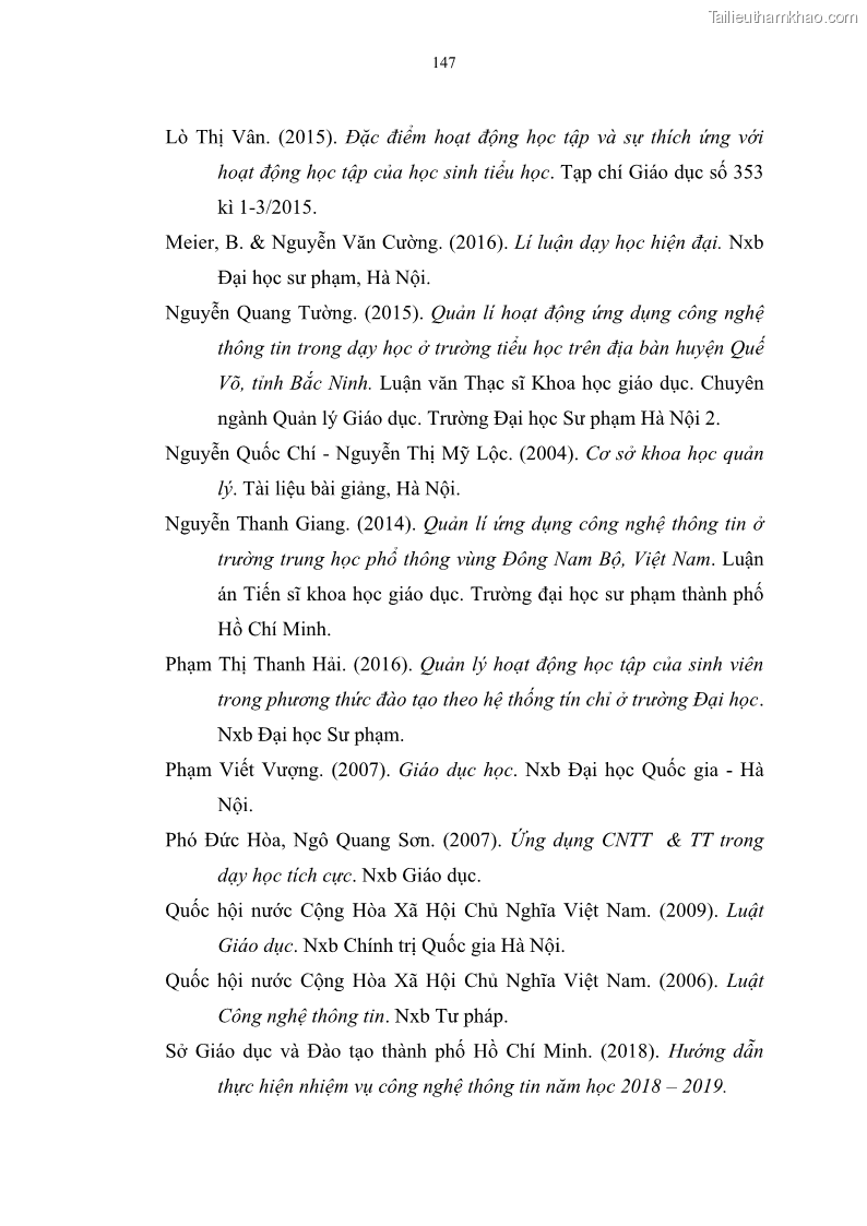 Luận văn thạc sĩ khoa học giáo dục Quản lí ứng dụng công nghệ thông tin trong học tập của học sinh ở các trường tiểu học huyện Bình Chánh thành phố Hồ Chí Minh - 14 Trang 158