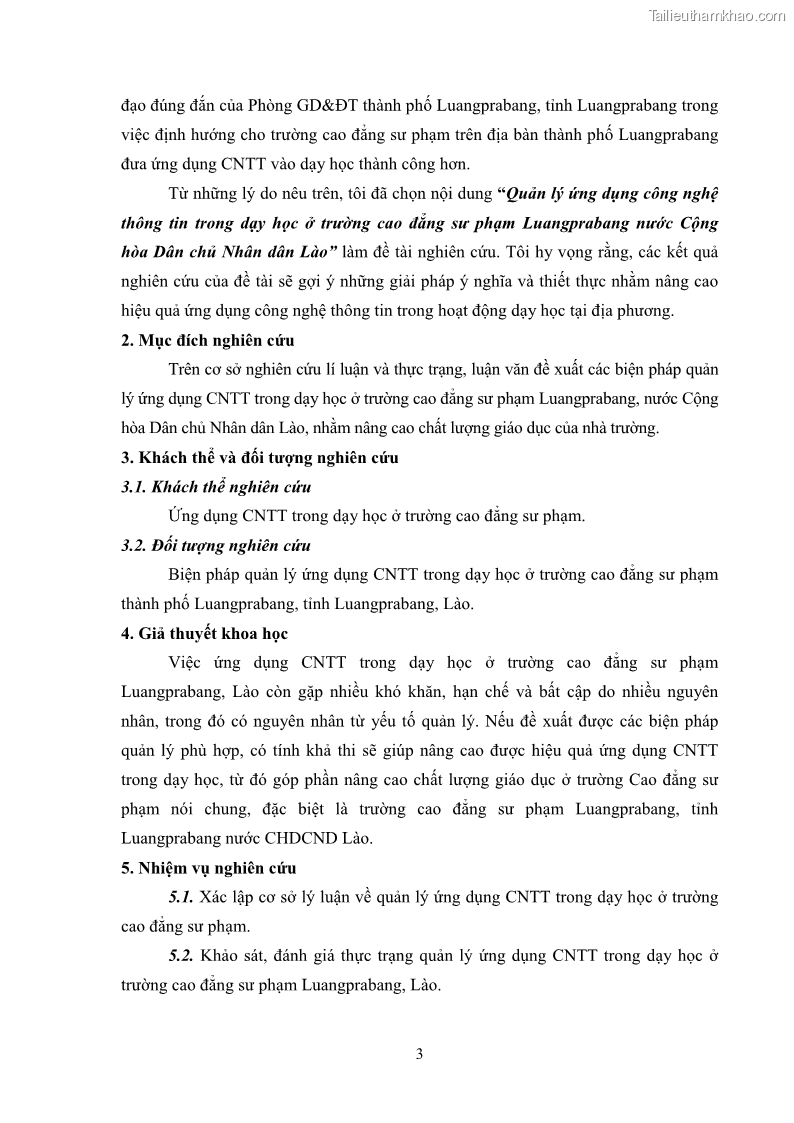 Luận văn thạc sĩ khoa học giáo dục Quản lí ứng dụng công nghệ thông tin trong dạy học ở trường Cao đẳng Sư phạm Luangprabang, thành phố Luangprabang, tỉnh Luangprabang, nước Cộng hòa dân chủ nhân dân Lào - 2 Trang 13