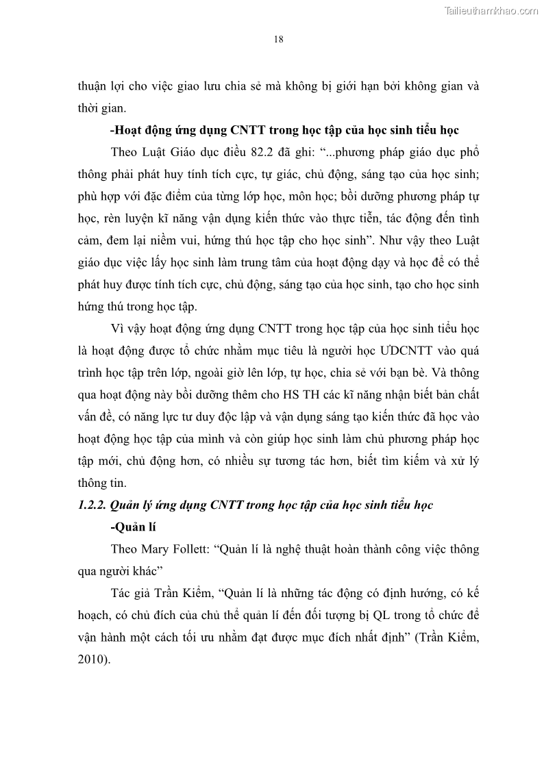 Luận văn thạc sĩ khoa học giáo dục Quản lí ứng dụng công nghệ thông tin trong học tập của học sinh ở các trường tiểu học huyện Bình Chánh thành phố Hồ Chí Minh - 3 Trang 29