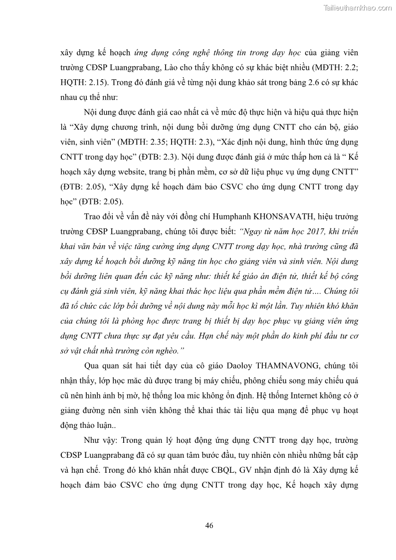 Luận văn thạc sĩ khoa học giáo dục Quản lí ứng dụng công nghệ thông tin trong dạy học ở trường Cao đẳng Sư phạm Luangprabang, thành phố Luangprabang, tỉnh Luangprabang, nước Cộng hòa dân chủ nhân dân Lào - 5 Trang 56