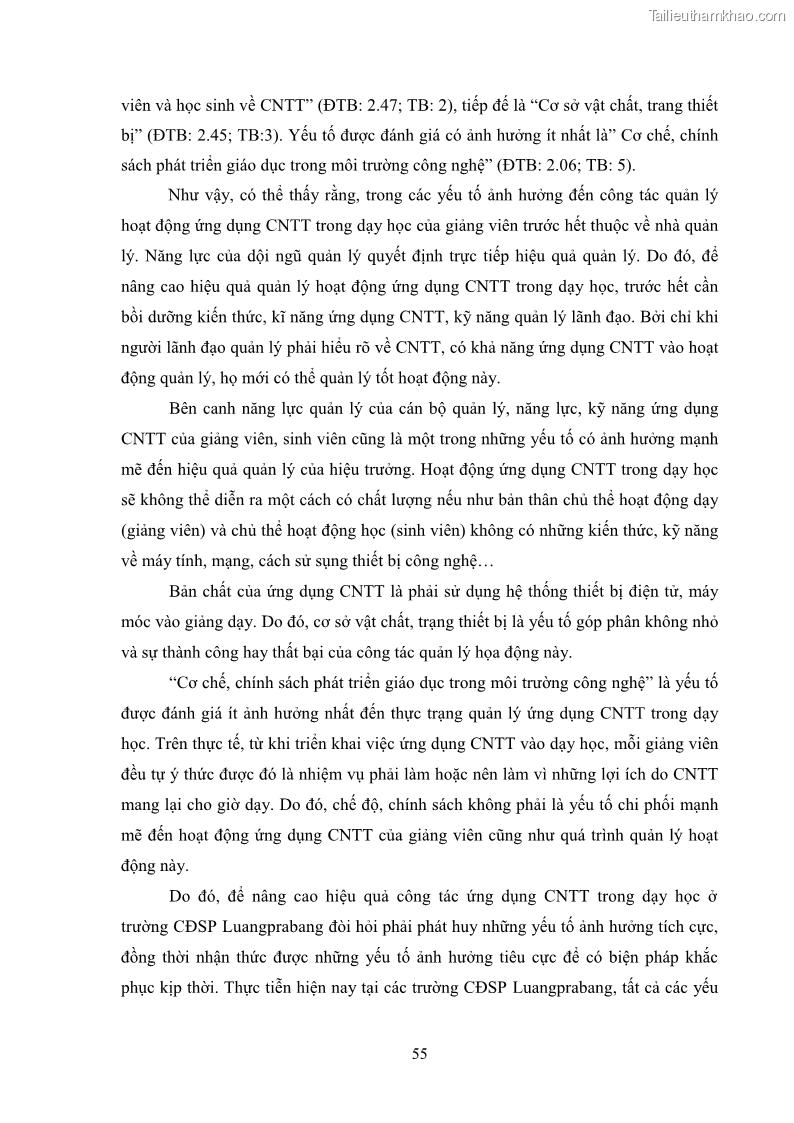 Luận văn thạc sĩ khoa học giáo dục Quản lí ứng dụng công nghệ thông tin trong dạy học ở trường Cao đẳng Sư phạm Luangprabang, thành phố Luangprabang, tỉnh Luangprabang, nước Cộng hòa dân chủ nhân dân Lào - 6 Trang 65