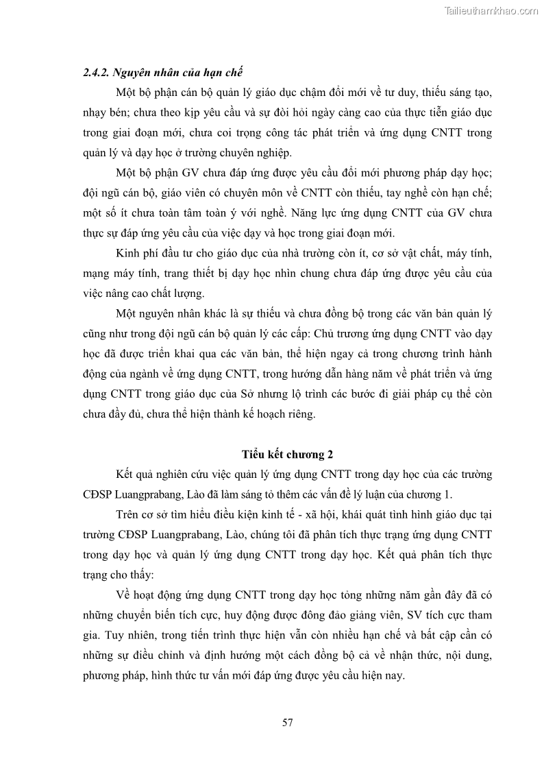 Luận văn thạc sĩ khoa học giáo dục Quản lí ứng dụng công nghệ thông tin trong dạy học ở trường Cao đẳng Sư phạm Luangprabang, thành phố Luangprabang, tỉnh Luangprabang, nước Cộng hòa dân chủ nhân dân Lào - 6 Trang 67