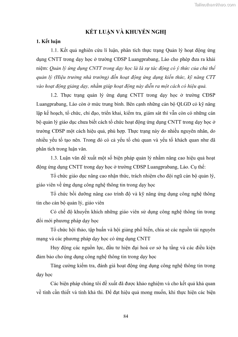 Luận văn thạc sĩ khoa học giáo dục Quản lí ứng dụng công nghệ thông tin trong dạy học ở trường Cao đẳng Sư phạm Luangprabang, thành phố Luangprabang, tỉnh Luangprabang, nước Cộng hòa dân chủ nhân dân Lào - 8 Trang 94