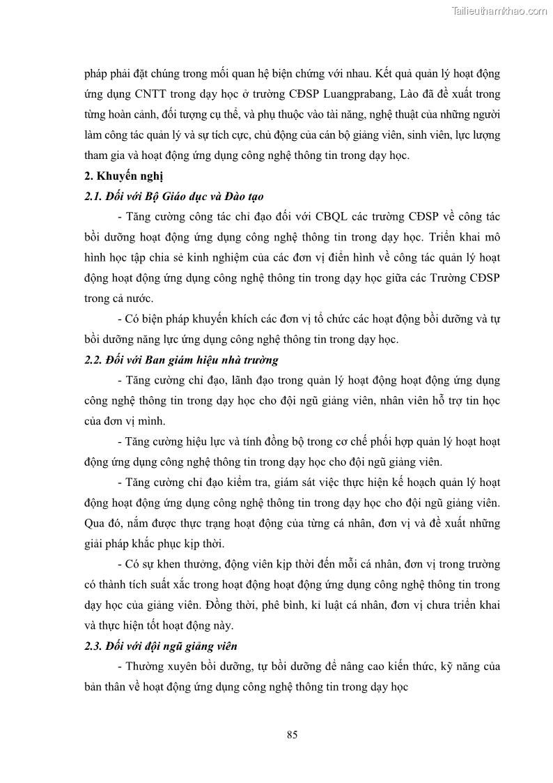 Luận văn thạc sĩ khoa học giáo dục Quản lí ứng dụng công nghệ thông tin trong dạy học ở trường Cao đẳng Sư phạm Luangprabang, thành phố Luangprabang, tỉnh Luangprabang, nước Cộng hòa dân chủ nhân dân Lào - 8 Trang 95