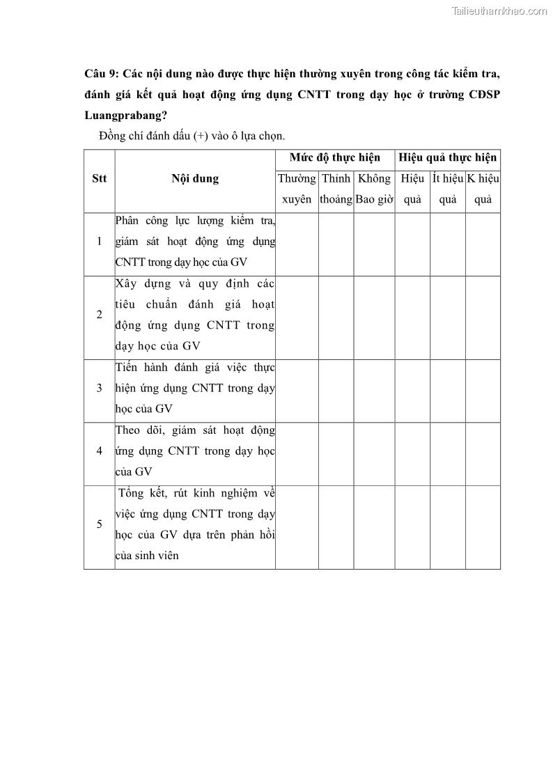 Luận văn thạc sĩ khoa học giáo dục Quản lí ứng dụng công nghệ thông tin trong dạy học ở trường Cao đẳng Sư phạm Luangprabang, thành phố Luangprabang, tỉnh Luangprabang, nước Cộng hòa dân chủ nhân dân Lào - 9 Trang 108