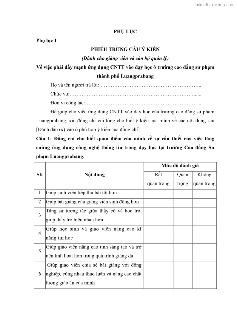 Luận văn thạc sĩ khoa học giáo dục Quản lí ứng dụng công nghệ thông tin trong dạy học ở trường Cao đẳng Sư phạm Luangprabang, thành phố Luangprabang, tỉnh Luangprabang, nước Cộng hòa dân chủ nhân dân Lào - 9 Trang 101