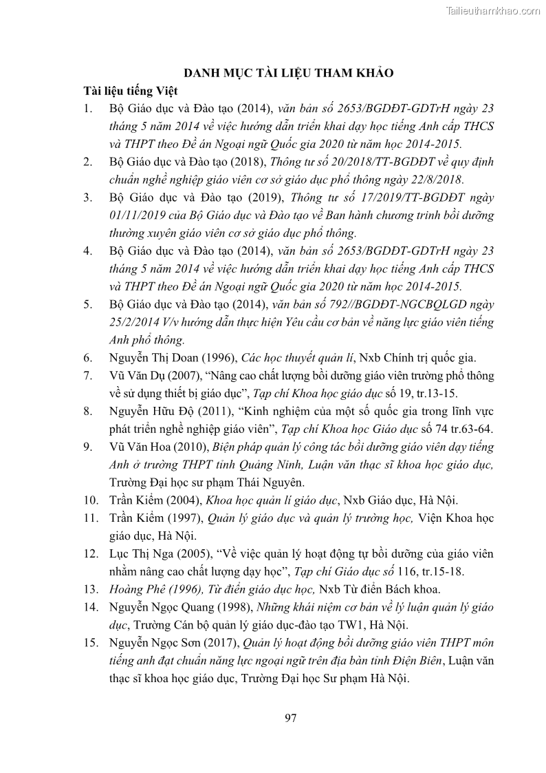 Luận văn thạc sĩ khoa học giáo dục Quản lý bồi dưỡng năng lực dạy học môn tiếng Anh cho giáo viên theo chương trình giáo dục phổ thông 2018 ở các trường phổ thông dân tộc nội trú THCS và THPT tỉnh Lào Cai - 10 Trang 109