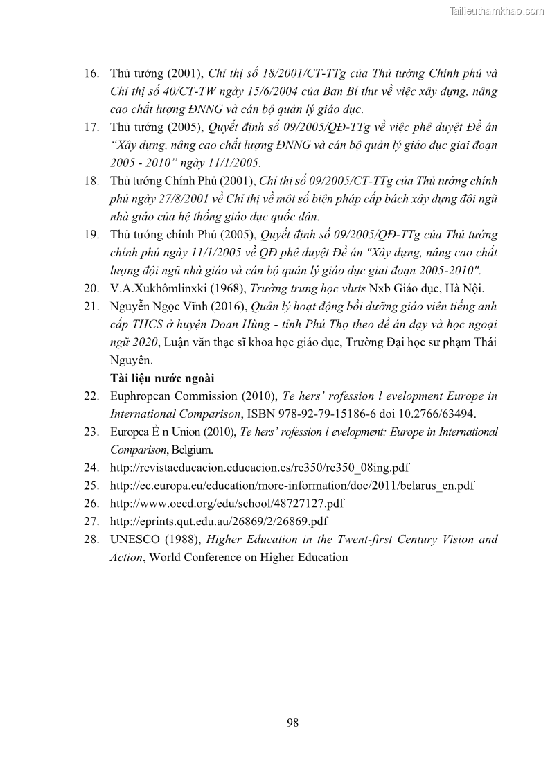 Luận văn thạc sĩ khoa học giáo dục Quản lý bồi dưỡng năng lực dạy học môn tiếng Anh cho giáo viên theo chương trình giáo dục phổ thông 2018 ở các trường phổ thông dân tộc nội trú THCS và THPT tỉnh Lào Cai - 10 Trang 110
