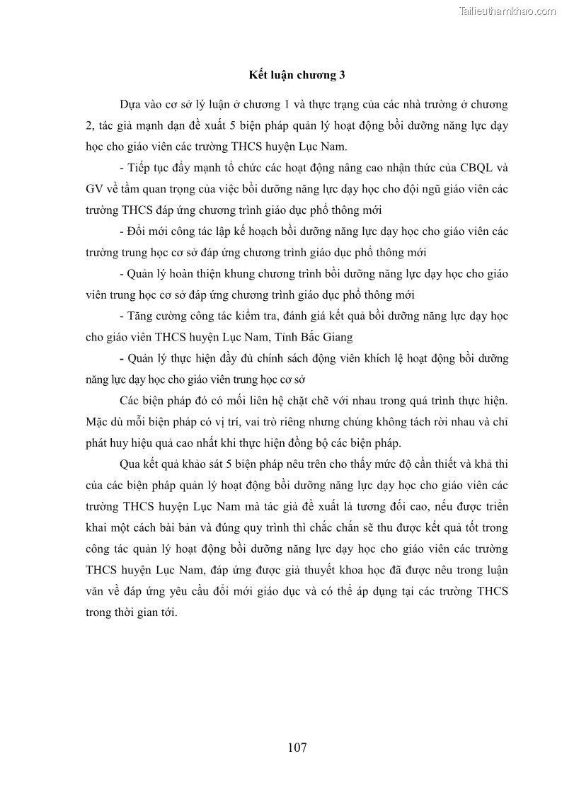 Luận văn thạc sĩ khoa học giáo dục Quản lý bồi dưỡng năng lực dạy học cho giáo viên trung học cơ sở ở huyện Lục Nam, tỉnh Bắc Giang đáp ứng chương trình giáo dục phổ thông mới - 10 Trang 120