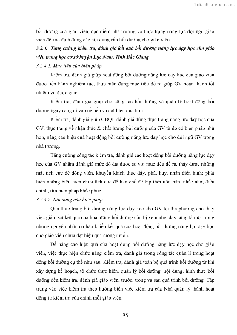 Luận văn thạc sĩ khoa học giáo dục Quản lý bồi dưỡng năng lực dạy học cho giáo viên trung học cơ sở ở huyện Lục Nam, tỉnh Bắc Giang đáp ứng chương trình giáo dục phổ thông mới - 10 Trang 111