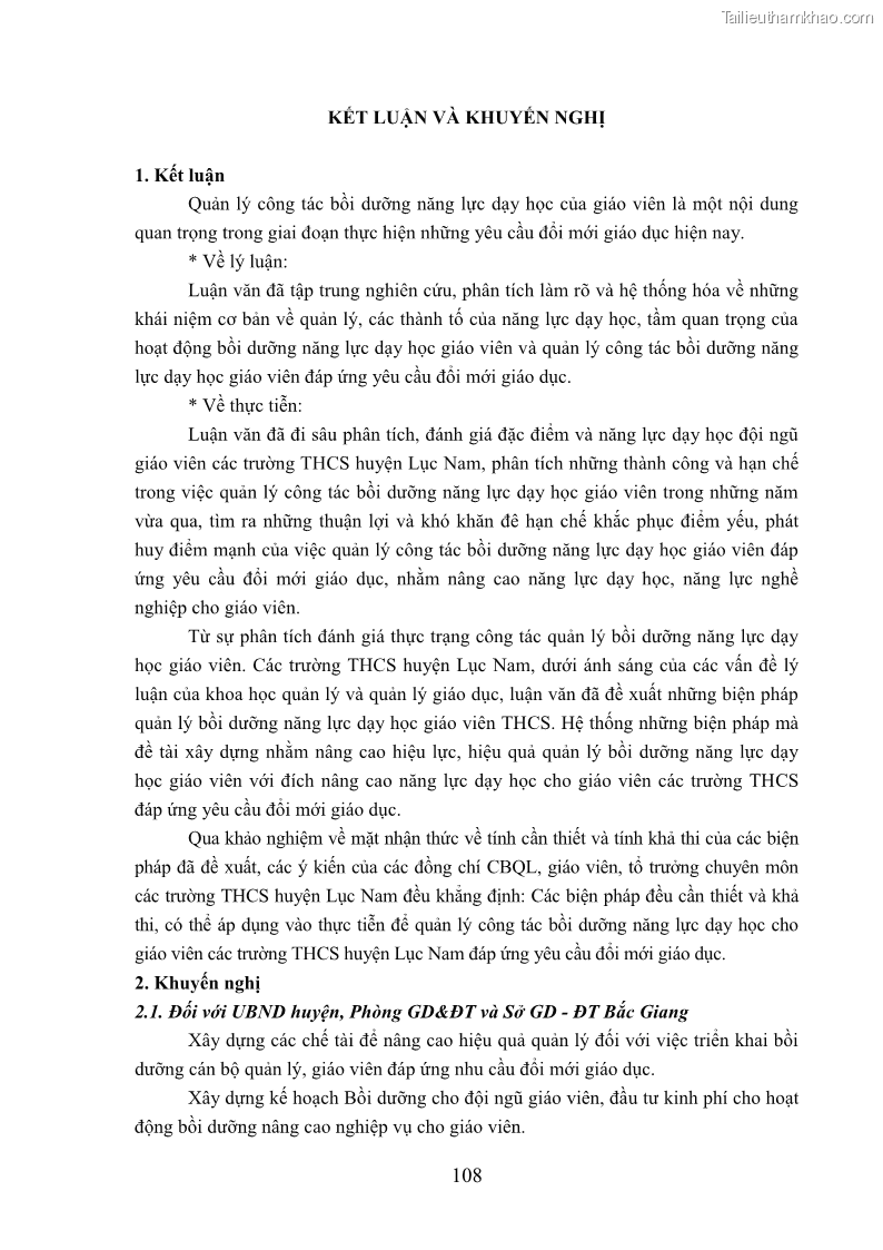 Luận văn thạc sĩ khoa học giáo dục Quản lý bồi dưỡng năng lực dạy học cho giáo viên trung học cơ sở ở huyện Lục Nam, tỉnh Bắc Giang đáp ứng chương trình giáo dục phổ thông mới - 11 Trang 121