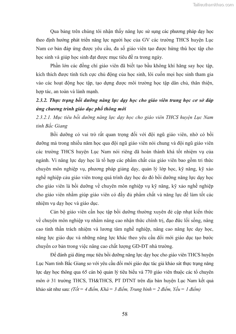 Luận văn thạc sĩ khoa học giáo dục Quản lý bồi dưỡng năng lực dạy học cho giáo viên trung học cơ sở ở huyện Lục Nam, tỉnh Bắc Giang đáp ứng chương trình giáo dục phổ thông mới - 6 Trang 71