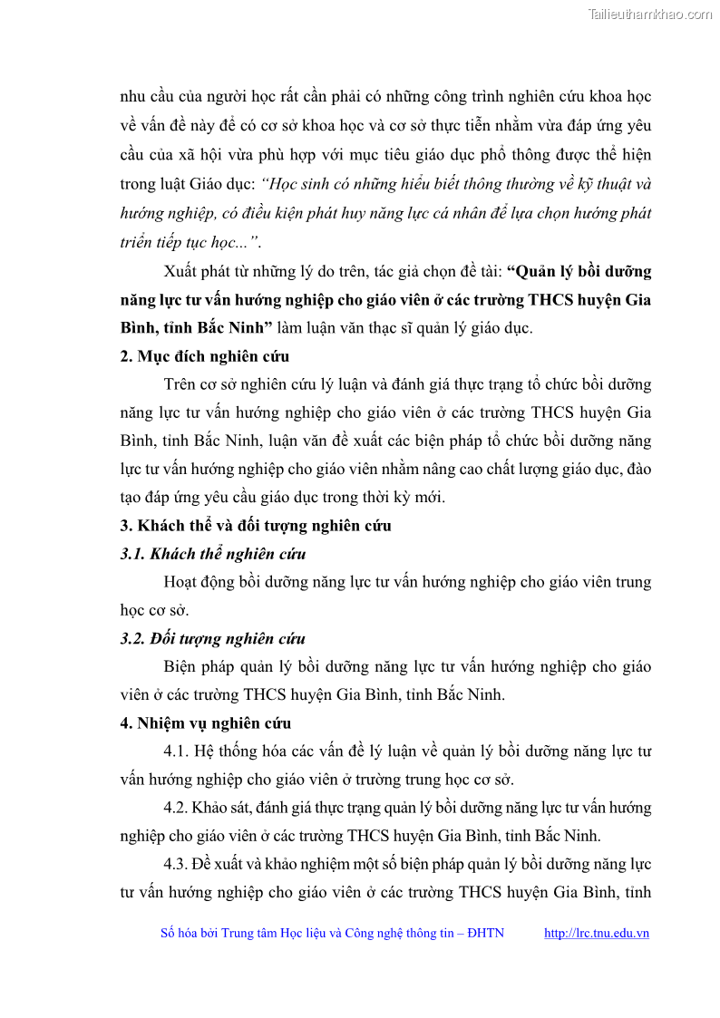 Luận văn thạc sĩ khoa học giáo dục Quản lý bồi dưỡng năng lực tư vấn hướng nghiệp cho giáo viên ở các trường trung học cơ sở huyện Gia Bình, tỉnh Bắc Ninh - 2 Trang 15