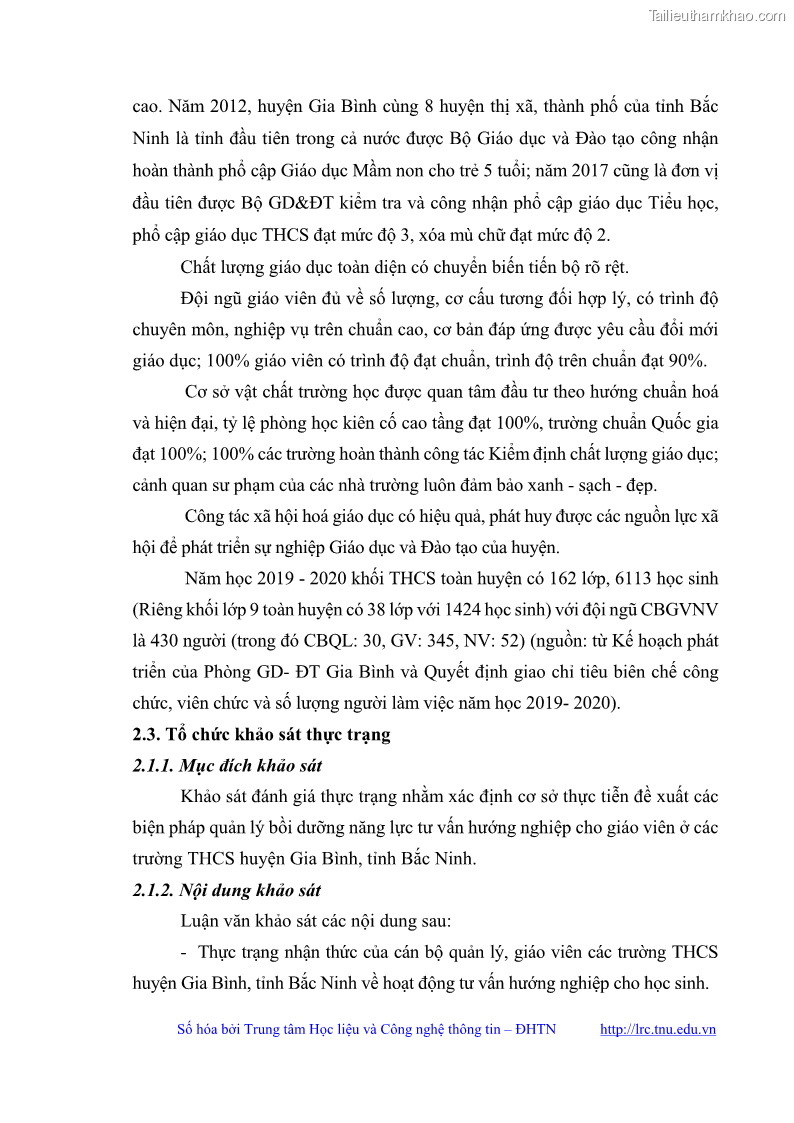 Luận văn thạc sĩ khoa học giáo dục Quản lý bồi dưỡng năng lực tư vấn hướng nghiệp cho giáo viên ở các trường trung học cơ sở huyện Gia Bình, tỉnh Bắc Ninh - 5 Trang 57