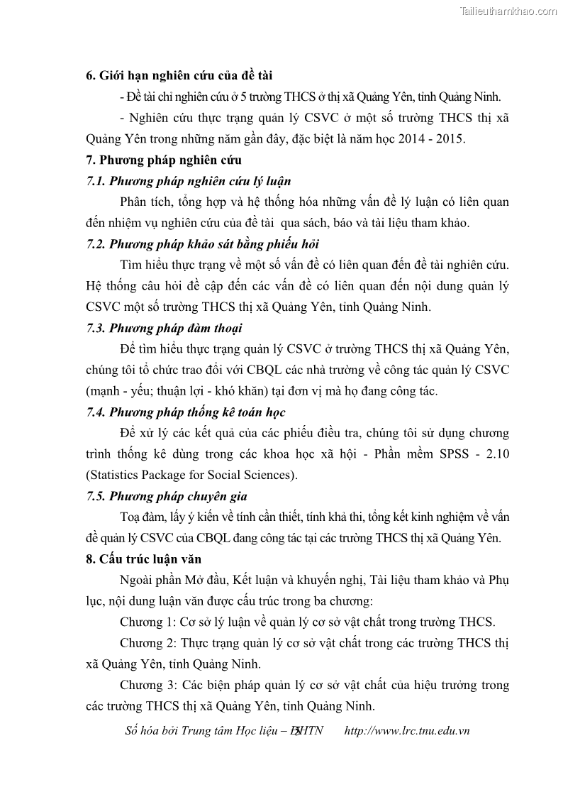 Luận văn thạc sĩ khoa học giáo dục Quản lý cơ sở vật chất ở các trường trung học cơ sở thị xã Quảng Yên, tỉnh Quảng Ninh - 2 Trang 15