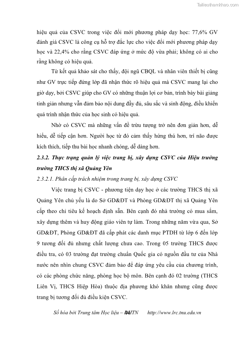 Luận văn thạc sĩ khoa học giáo dục Quản lý cơ sở vật chất ở các trường trung học cơ sở thị xã Quảng Yên, tỉnh Quảng Ninh - 5 Trang 54