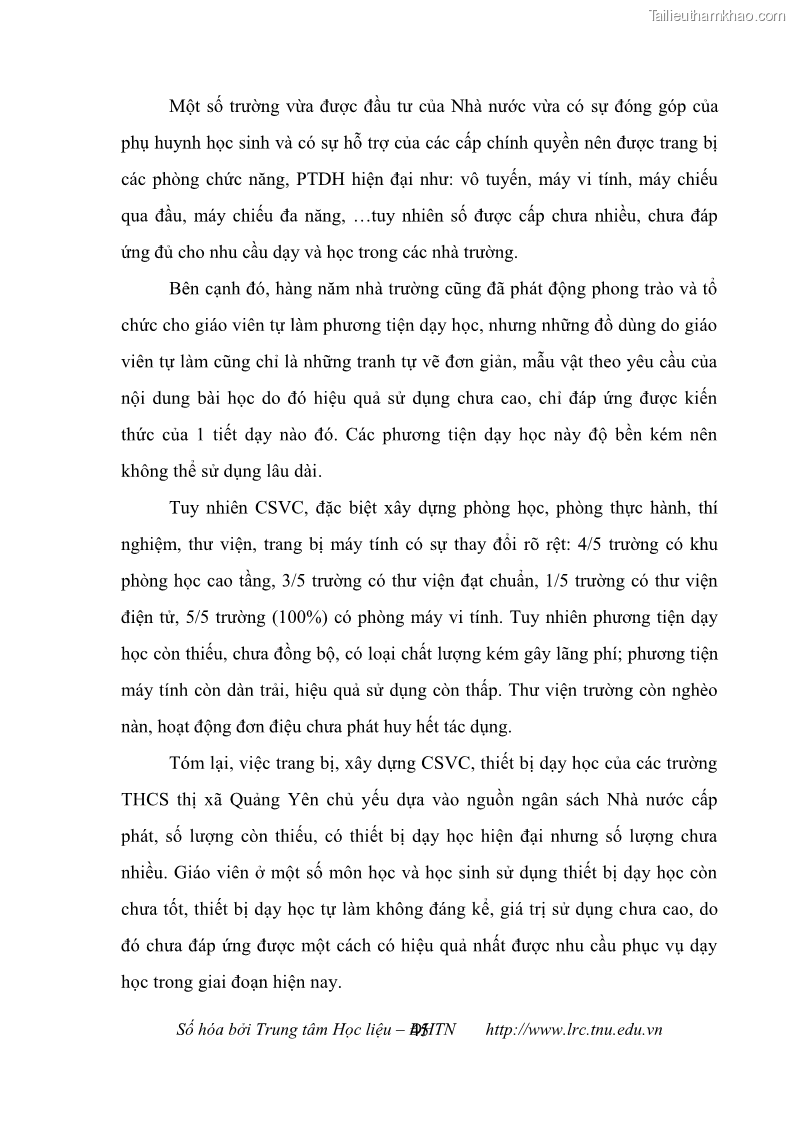 Luận văn thạc sĩ khoa học giáo dục Quản lý cơ sở vật chất ở các trường trung học cơ sở thị xã Quảng Yên, tỉnh Quảng Ninh - 5 Trang 55