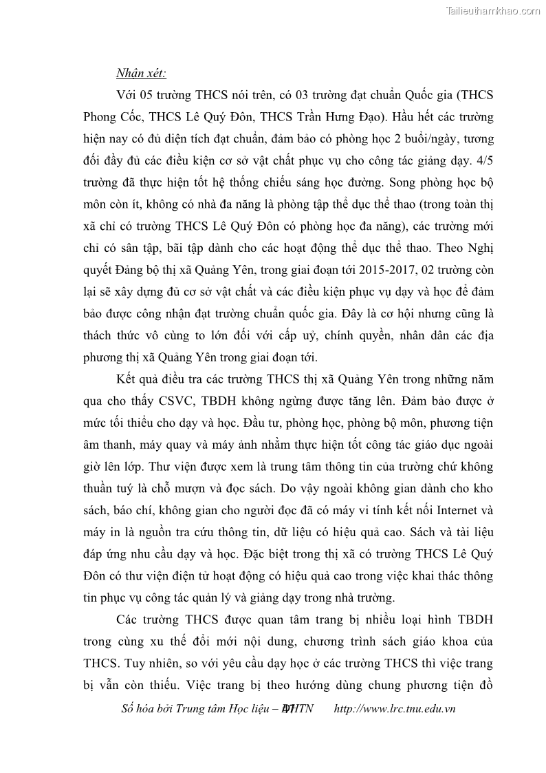 Luận văn thạc sĩ khoa học giáo dục Quản lý cơ sở vật chất ở các trường trung học cơ sở thị xã Quảng Yên, tỉnh Quảng Ninh - 5 Trang 57