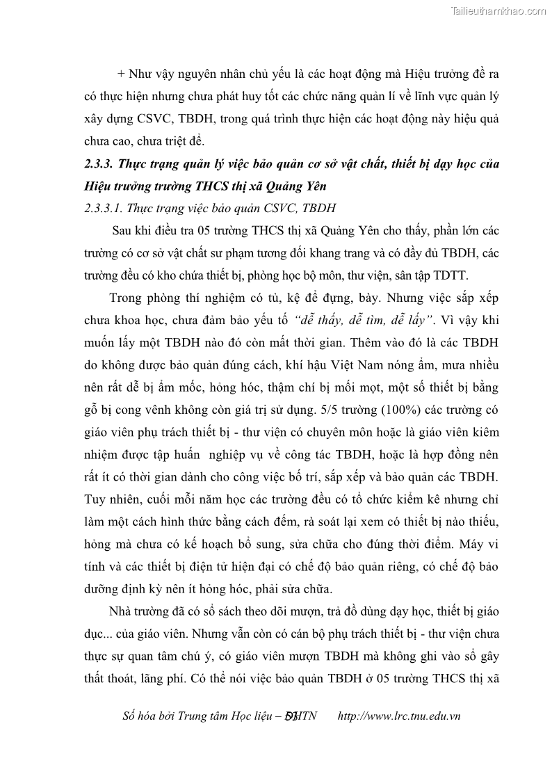Luận văn thạc sĩ khoa học giáo dục Quản lý cơ sở vật chất ở các trường trung học cơ sở thị xã Quảng Yên, tỉnh Quảng Ninh - 6 Trang 63