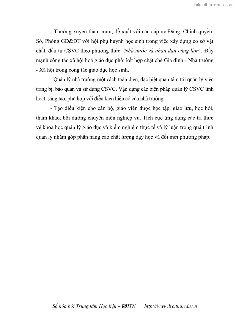 Luận văn thạc sĩ khoa học giáo dục Quản lý cơ sở vật chất ở các trường trung học cơ sở thị xã Quảng Yên, tỉnh Quảng Ninh - 9 Trang 98