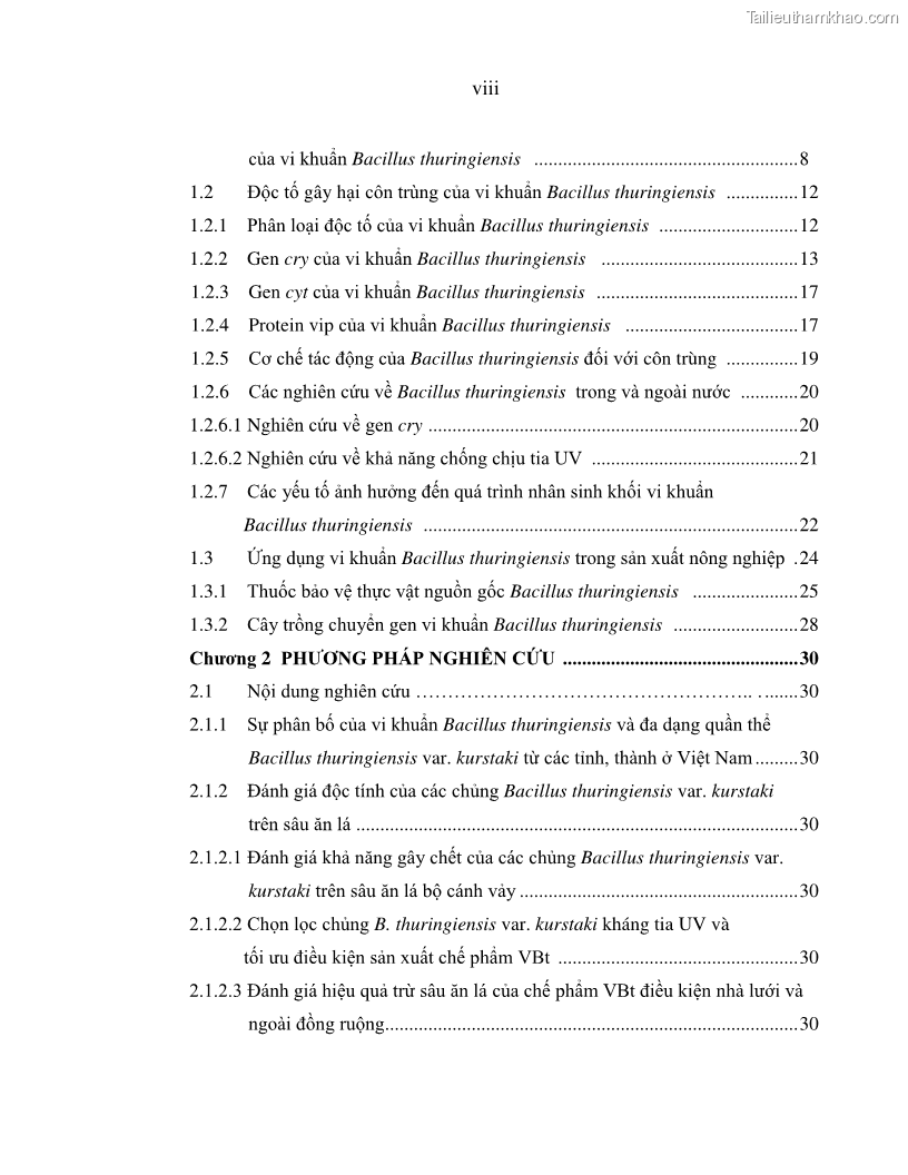 Luận án tiến sĩ bảo vệ thực vật Nghiên cứu sự đa dạng và độc tính của vi khuẩn Bacillus thuringiensis var. kurstaki trên sâu ăn lá hại rau ở Việt Nam - 1 Trang 10