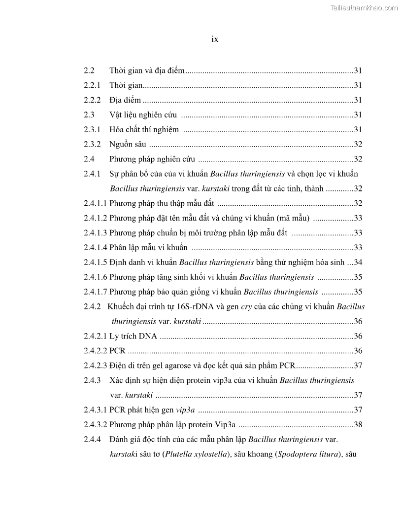 Luận án tiến sĩ bảo vệ thực vật Nghiên cứu sự đa dạng và độc tính của vi khuẩn Bacillus thuringiensis var. kurstaki trên sâu ăn lá hại rau ở Việt Nam - 1 Trang 11