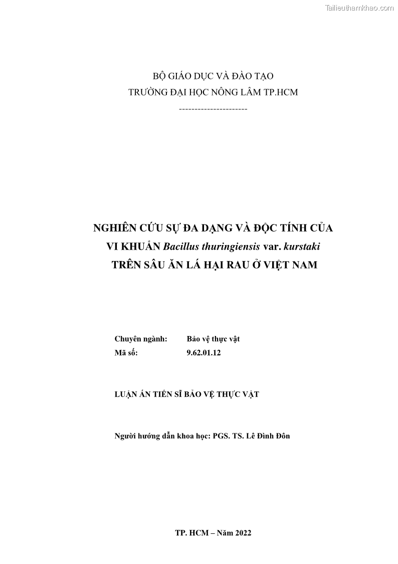Luận án tiến sĩ bảo vệ thực vật Nghiên cứu sự đa dạng và độc tính của vi khuẩn Bacillus thuringiensis var. kurstaki trên sâu ăn lá hại rau ở Việt Nam - 1 Trang 2