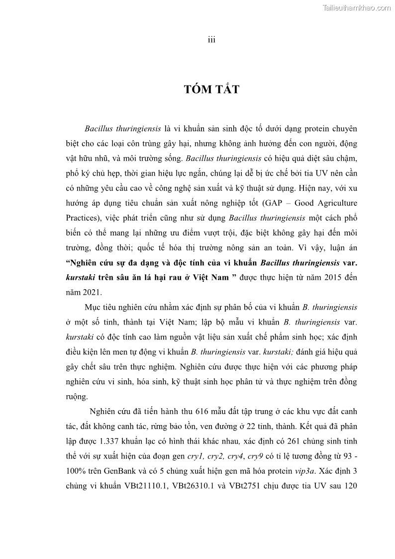 Luận án tiến sĩ bảo vệ thực vật Nghiên cứu sự đa dạng và độc tính của vi khuẩn Bacillus thuringiensis var. kurstaki trên sâu ăn lá hại rau ở Việt Nam - 1 Trang 5