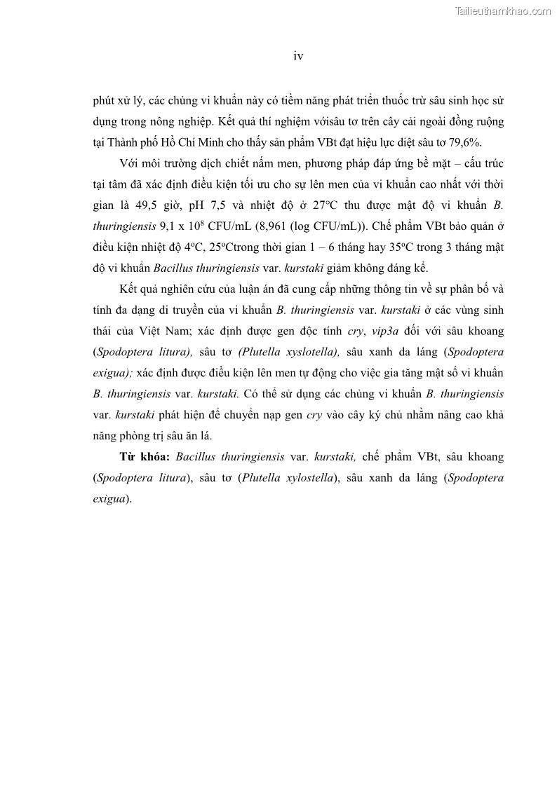 Luận án tiến sĩ bảo vệ thực vật Nghiên cứu sự đa dạng và độc tính của vi khuẩn Bacillus thuringiensis var. kurstaki trên sâu ăn lá hại rau ở Việt Nam - 1 Trang 6