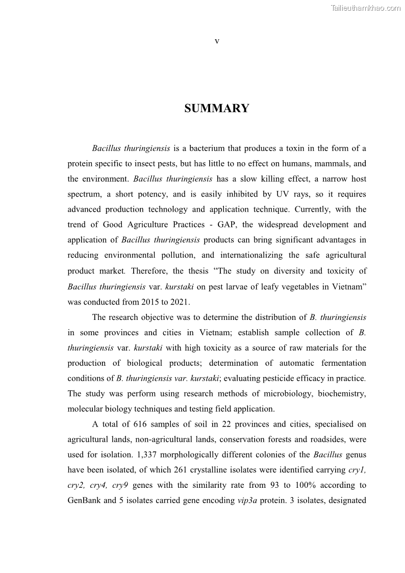 Luận án tiến sĩ bảo vệ thực vật Nghiên cứu sự đa dạng và độc tính của vi khuẩn Bacillus thuringiensis var. kurstaki trên sâu ăn lá hại rau ở Việt Nam - 1 Trang 7