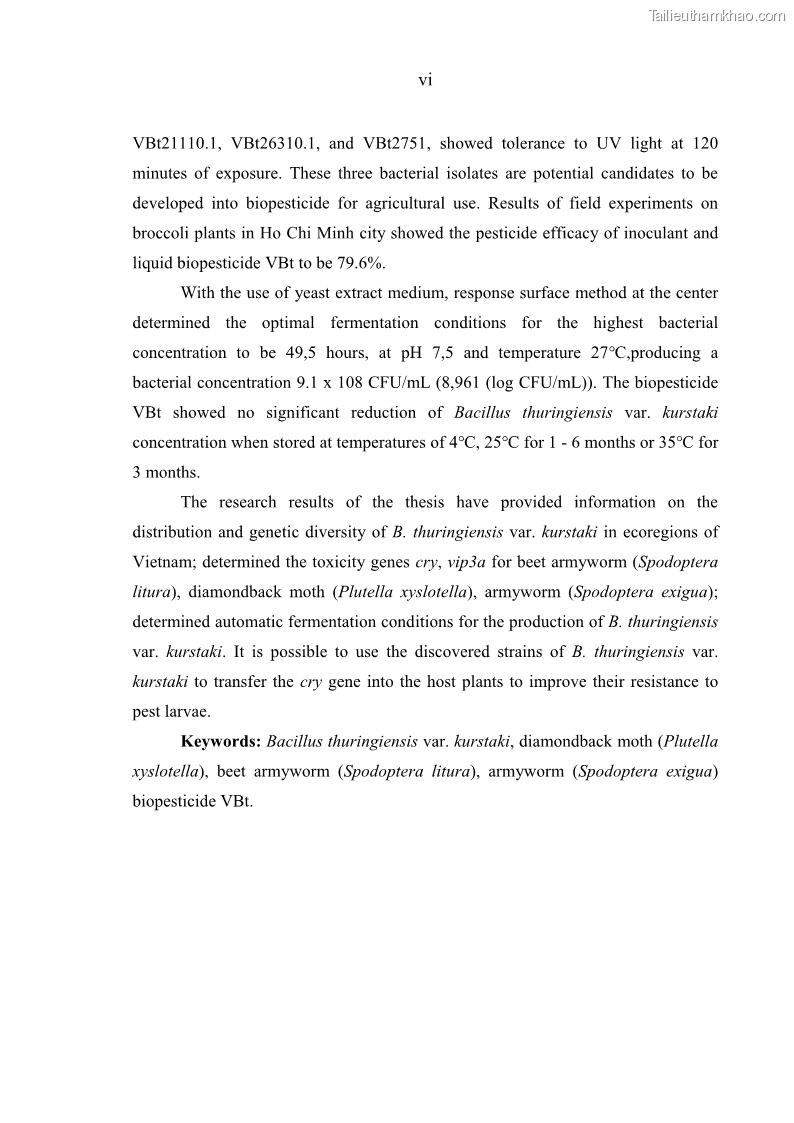 Luận án tiến sĩ bảo vệ thực vật Nghiên cứu sự đa dạng và độc tính của vi khuẩn Bacillus thuringiensis var. kurstaki trên sâu ăn lá hại rau ở Việt Nam - 1 Trang 8