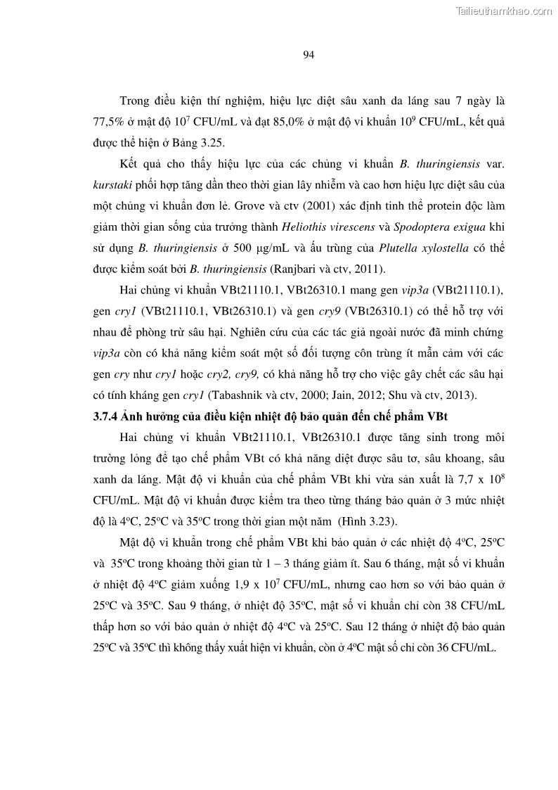 Luận án tiến sĩ bảo vệ thực vật Nghiên cứu sự đa dạng và độc tính của vi khuẩn Bacillus thuringiensis var. kurstaki trên sâu ăn lá hại rau ở Việt Nam - 10 Trang 120