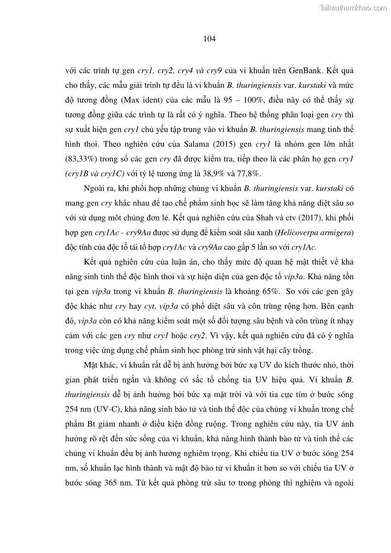 Luận án tiến sĩ bảo vệ thực vật Nghiên cứu sự đa dạng và độc tính của vi khuẩn Bacillus thuringiensis var. kurstaki trên sâu ăn lá hại rau ở Việt Nam - 11 Trang 130