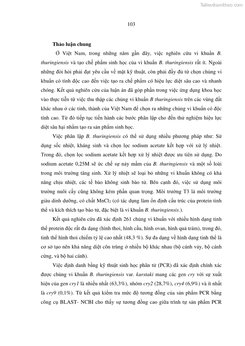 Luận án tiến sĩ bảo vệ thực vật Nghiên cứu sự đa dạng và độc tính của vi khuẩn Bacillus thuringiensis var. kurstaki trên sâu ăn lá hại rau ở Việt Nam - 11 Trang 129