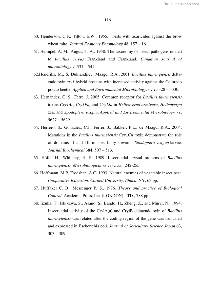 Luận án tiến sĩ bảo vệ thực vật Nghiên cứu sự đa dạng và độc tính của vi khuẩn Bacillus thuringiensis var. kurstaki trên sâu ăn lá hại rau ở Việt Nam - 12 Trang 142