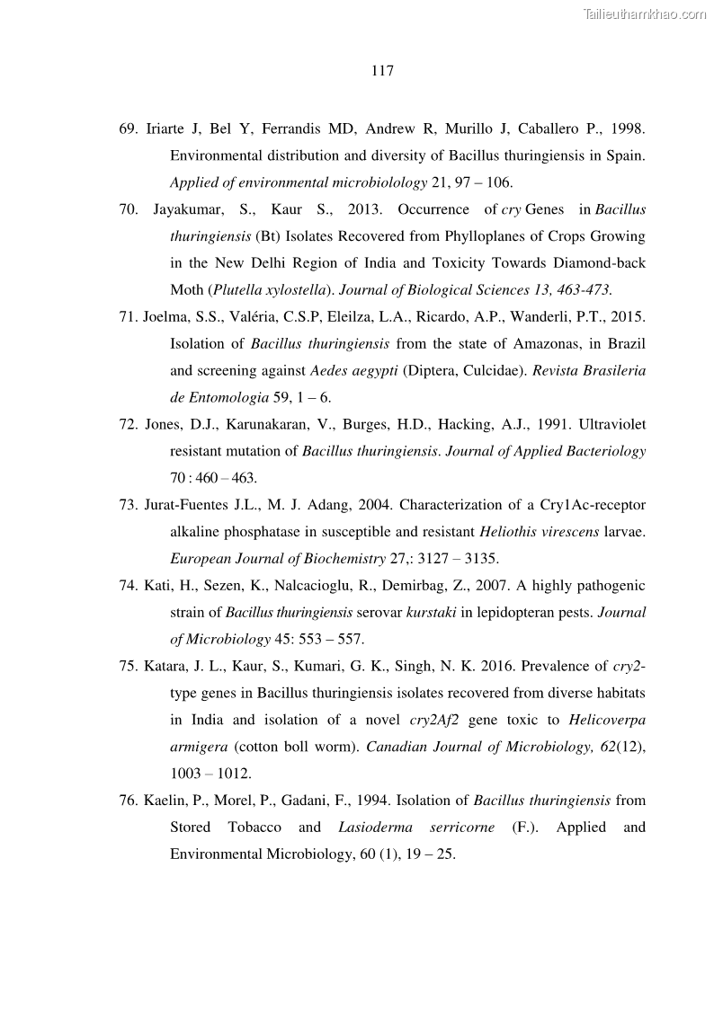 Luận án tiến sĩ bảo vệ thực vật Nghiên cứu sự đa dạng và độc tính của vi khuẩn Bacillus thuringiensis var. kurstaki trên sâu ăn lá hại rau ở Việt Nam - 12 Trang 143