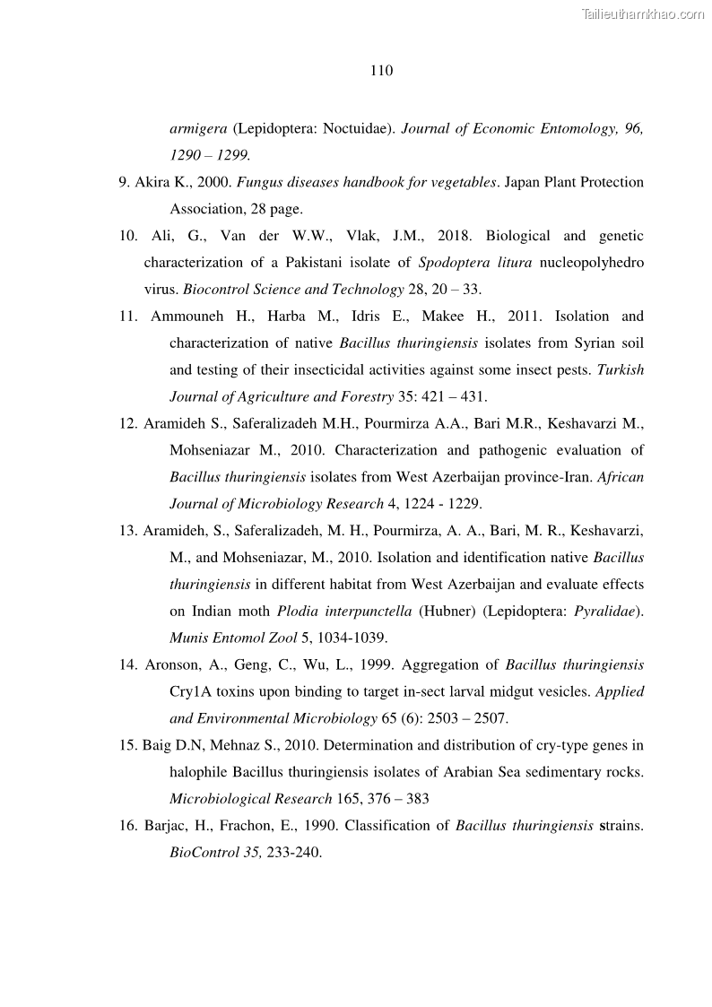 Luận án tiến sĩ bảo vệ thực vật Nghiên cứu sự đa dạng và độc tính của vi khuẩn Bacillus thuringiensis var. kurstaki trên sâu ăn lá hại rau ở Việt Nam - 12 Trang 136
