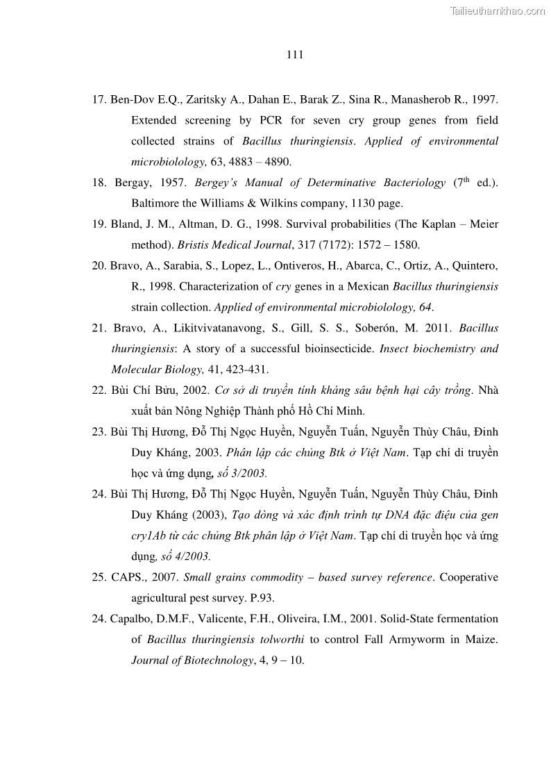 Luận án tiến sĩ bảo vệ thực vật Nghiên cứu sự đa dạng và độc tính của vi khuẩn Bacillus thuringiensis var. kurstaki trên sâu ăn lá hại rau ở Việt Nam - 12 Trang 137