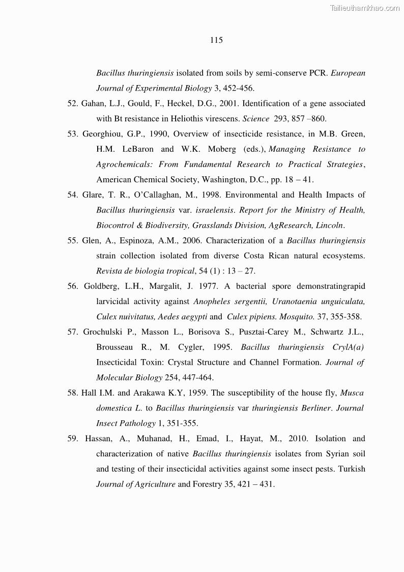 Luận án tiến sĩ bảo vệ thực vật Nghiên cứu sự đa dạng và độc tính của vi khuẩn Bacillus thuringiensis var. kurstaki trên sâu ăn lá hại rau ở Việt Nam - 12 Trang 141