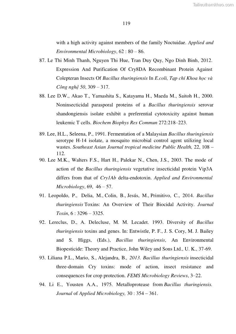 Luận án tiến sĩ bảo vệ thực vật Nghiên cứu sự đa dạng và độc tính của vi khuẩn Bacillus thuringiensis var. kurstaki trên sâu ăn lá hại rau ở Việt Nam - 13 Trang 145
