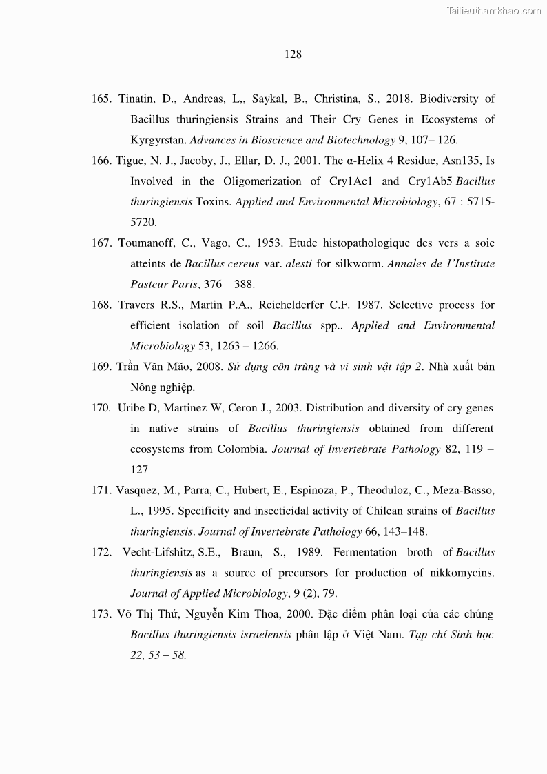 Luận án tiến sĩ bảo vệ thực vật Nghiên cứu sự đa dạng và độc tính của vi khuẩn Bacillus thuringiensis var. kurstaki trên sâu ăn lá hại rau ở Việt Nam - 13 Trang 154