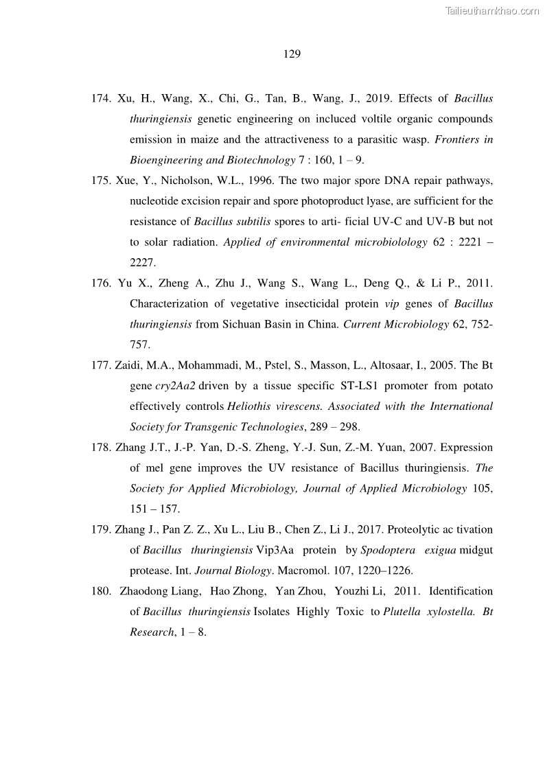 Luận án tiến sĩ bảo vệ thực vật Nghiên cứu sự đa dạng và độc tính của vi khuẩn Bacillus thuringiensis var. kurstaki trên sâu ăn lá hại rau ở Việt Nam - 13 Trang 155