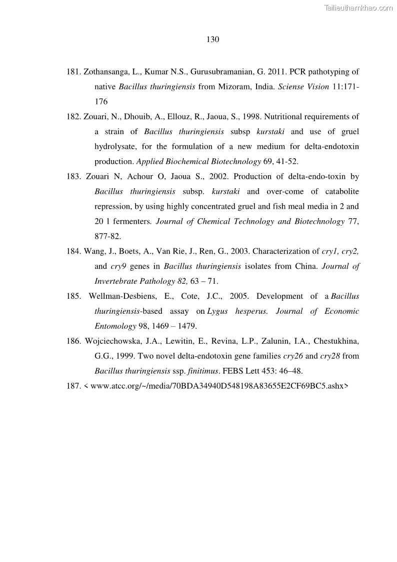 Luận án tiến sĩ bảo vệ thực vật Nghiên cứu sự đa dạng và độc tính của vi khuẩn Bacillus thuringiensis var. kurstaki trên sâu ăn lá hại rau ở Việt Nam - 13 Trang 156