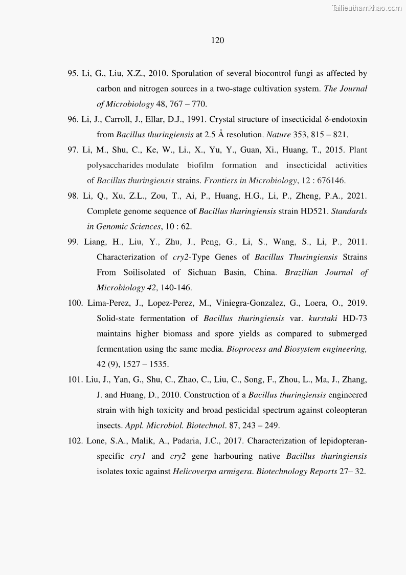 Luận án tiến sĩ bảo vệ thực vật Nghiên cứu sự đa dạng và độc tính của vi khuẩn Bacillus thuringiensis var. kurstaki trên sâu ăn lá hại rau ở Việt Nam - 13 Trang 146